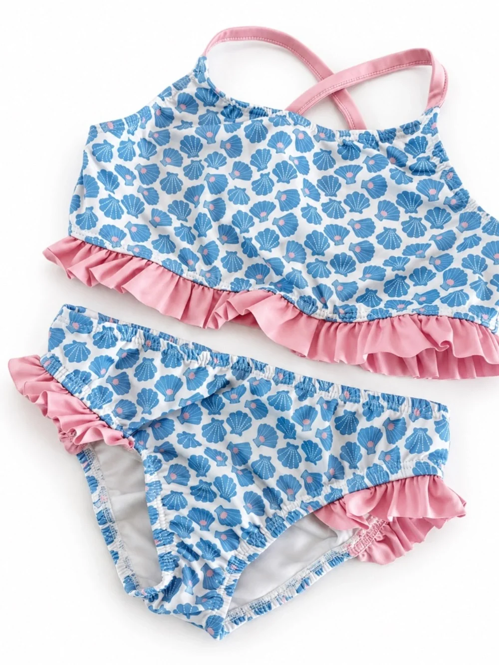 James & Lottie Girls Blue Seashell Ruffle Bikini Size 8 or size 7